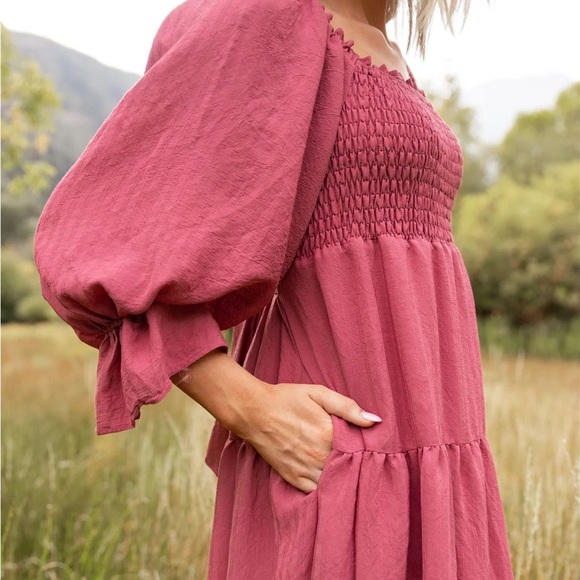 NWT Jovi Lynn Smocked Midi Dress with Pockets - Deep Pink Berry - Picture 7 of 8